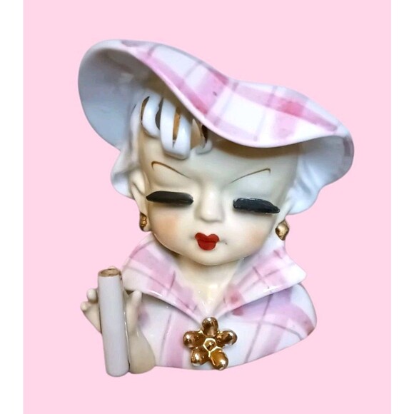 Other - Vtg Napco Lady Head Vase Planter Pink Plaid Gold Flower & Earrings NO UMBRELLA